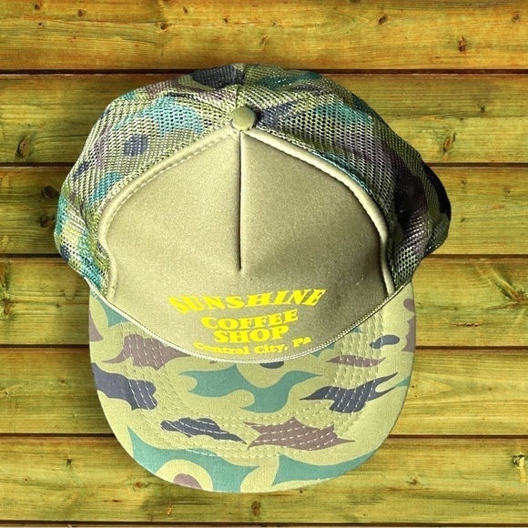 NWOT Sunshine Coffee Shop Central PA Camouflage Trucker Cap Green Yellow - Picture 10 of 10